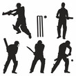 Silhouettes of Cricket players. Batsman hitting different shot in various tournament and leagues. Bats, gloves, stump, cricket ball, pads, abdomen guard. World cup, T20 league, Test match. 