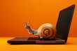 Office workspace with sluggish productivity. Snail moving towards laptop on orange backdrop. Generative AI