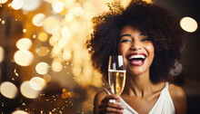 Woman Having Fun At Party With A Glass Of Champagne On New Year's Eve