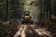 Construction vehicle constructing road in dense woods. Generative AI