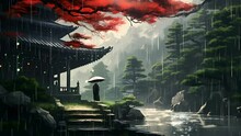 Fantasy Rain Landscape On Japanese Anime Drawing Style. Rainy Season Looping 4k Animation Video