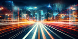 Fototapeta Mapy - Smart digital city with high speed light trail of cars of digital data transfer, Fast light lines, speed of speed of colorful light trails, Abstract Motion Speed Lights , generative Ai