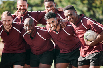 Wall Mural - Portrait, men and rugby with smile while standing, together and happiness for victory. Team, young and boys for sports for bonding with exercise, fitness or winning of game, tournament or practice