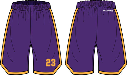 Basketball Shorts jersey design flat sketch vector illustration with front and back view for boxing, Baller, football, Volleyball, tennis, badminton and oversize active wear trail shorts design.