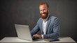 male businessman smiling with a laptop, in the style of dark gray and amber, appropriation artist, exaggerated features, iso 200, manapunk, transfer, danish design