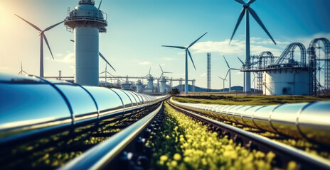 Fototapete - Thermal power generation, Wind turbines and hydrogen pipeline, photovoltaic power.