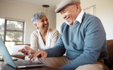 Wall Mural - Happy, love and senior couple with a laptop on a sofa for subscription, search or sign up service at home. Movie, streaming and old people online in a living room with comedy, choice or social media