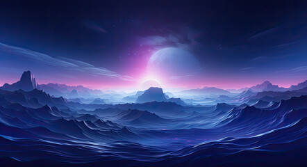 Wall Mural - Alien desert landscape in dark, purple and blue background in sunset.