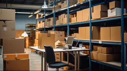Fototapete - Office desk to work on inventory and logistics in warehouse space filled with stacks of carton boxes on shelves.