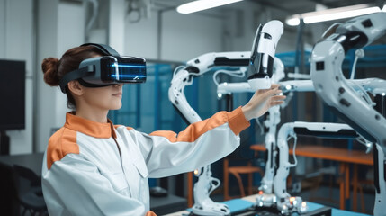 Aufkleber - Engineers woman wearing VR glasses to monitoring system software of machinery automatic arm in smart factory.
