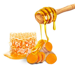 Poster - dripping honey on turmeric root and honeycomb isolated on white background