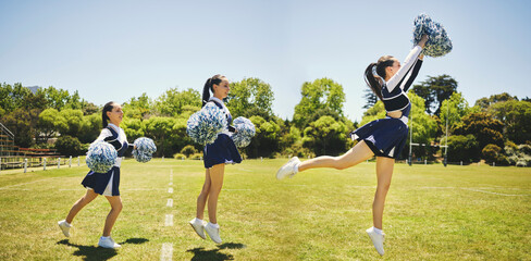 Poster - Cheerleader person, jump and dancing for sports practice on grass field for final competition. Woman, athlete and intense training with agility, balance and concentrate with focus for composite