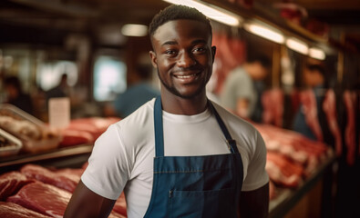 Wall Mural - African butcher portrait standing on front of shelves with raw meat in shop.