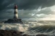 A 3D rendering of a lighthouse in a stormy sky by the sea. Generative AI