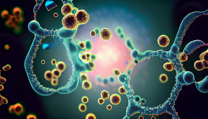 Magnified molecular structure of bacteria causing disease on glowing background