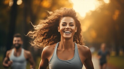 Poster - Female athlete jogging with personal trainer in nature.