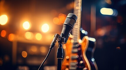 Aufkleber - Microphone on stage and musical equipment with Guitar, Bass background
