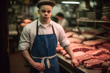 Wall Mural - Man standing in front of shelves with raw meat.