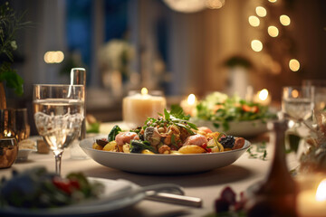 Wall Mural - Elegant table setting with candles in restaurant. Selective focus. Romantic dinner setting with candles on table in restaurant.
