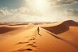 A traveler walking on vast dunes captures the vastness of the desert and the isolation of their journey. Generative AI