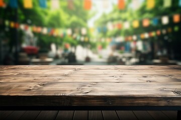 An empty wooden table, its surroundings alive with a lively celebration