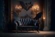 Gothic bat wing design couch Stone floor Ornate gothic lace black curtain background Industrial many candles dark arts black velvet backlit warm and cool lighting photorealistic hyper realistic 