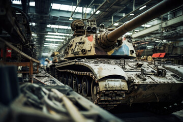 Heavy military tank in modern hangar