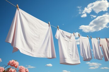 Laundry sways on the line, drying beneath the open sky