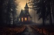 Eerie church among spooky woods on Halloween night. Generative AI