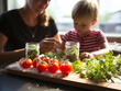 Mama mit Kind bereiten Salat mit Tomaten lecker zu, ai generativ