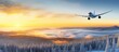 Panoramic view of airplane flying over spruce tree landscape in winter at sunrise