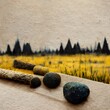 minimal abstract collage made of wooden sticks stones and yellow grass ultra realistic vintage texture paper detailed 8k 