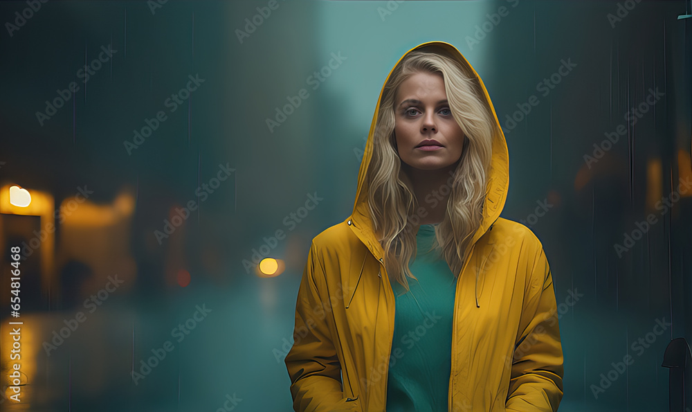Beautiful young blonde woman stands in the middle of a rainy street ...