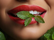 Wunderschöne sexy rote Lippen einer Frau mit Zähne und Pfefferminze Nahaufnahme, ai generativ