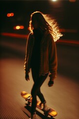 Wall Mural - skateboarder woman taken with a analog camera dvd screengrab night photo perfect details analog grain 8k 