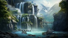 A Cascading Waterfall In The Heart Of Fold Mountains, As Crystal-clear Waters Tumble Down Rocky Cliffs In A Display Of Natural Beauty And Power