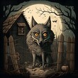 old grumpy Wolf with one eye catched in a trap background wood illustration for kidsbook 