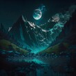 dark eery mountains with a forest under the full moon alien environment bioluminescence 
