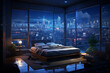 an image in the anime art style, of a bedroom interior with a panoramic window view of a futuristic cityscape at night, rain streaming down the glass. | Generative Ai
