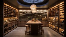 A Chic Wine Cellar With Custom Wooden Wine Racks And Soft Lighting, Where Wine Enthusiasts Can Savor Their Collection