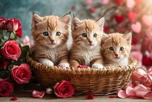 Valentine Day. Cute Kittens Inside A Straw Basket, Colorful Roses And Balloons, Hearts, White Candle, Vivid Colorful Background. Generative Ai.