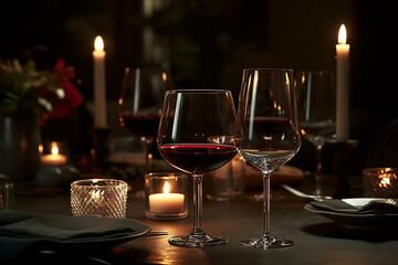 A glass of red wine on a table in a restaurant. Selective focus. Wineglass with red wine and grapes on the wooden table.

