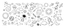 Hand Drawn Space. Doodle Space Planets, Astrology Cosmic Doodles, Telescope, Cosmic Rocket, Spacecrafts. Universe Doodle Vector Illustration Set. Rocket Astronaut, Spacecraft Satellite