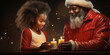 Lachender Weihnachtsmann mit Bart und Kind zünden Kerzen an im Querformat für Banner, ai generativ