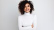 smiling woman in white turtleneck top tshirt photography studio backdrop