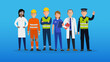 © Vector Characters - Simple flat emergency services team vector characters. Diverse health, police and construction workers. Characters doing different jobs in uniform. Easy to edit flat modern trendy style.