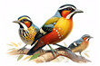 Image of group of malayan banded pitta on a branch on a white background. Birds. Animals. Illustration, Generative AI.
