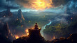 Person meditating in a magical environment with a view over majestic valley and mountains. Beautiful Earth in golden light.
