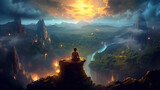 Fototapeta  - Person meditating in a magical environment with a view over majestic valley and mountains. Beautiful Earth in golden light.