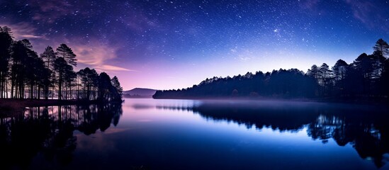 Wall Mural - Panoramic view of the lake with stars and the Milky Way above the night sky
